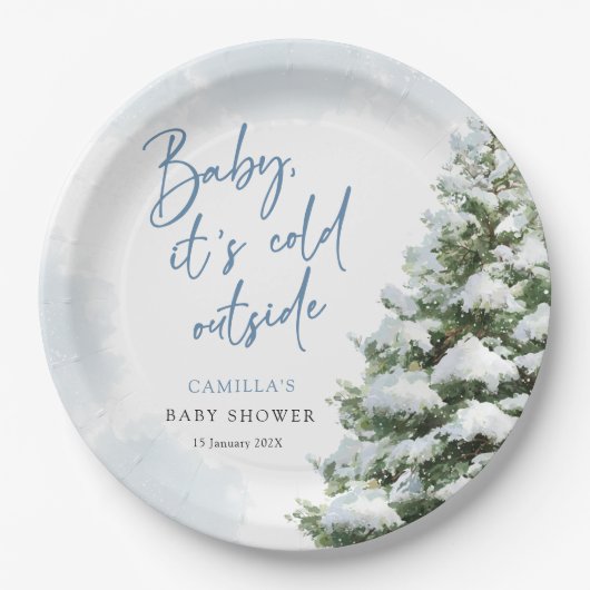 Blue Baby It's Cold Outside Baby Shower Papieren Bordje (Voorkant)