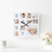 Blue Baby Letters Newborn Baby Photo Grid Collage Vierkante Klok (Huis)