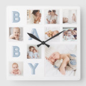 Blue Baby Letters Newborn Baby Photo Grid Collage Vierkante Klok (Voorkant)