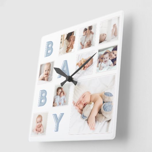 Blue Baby Letters Newborn Baby Photo Grid Collage Vierkante Klok (Hoek)