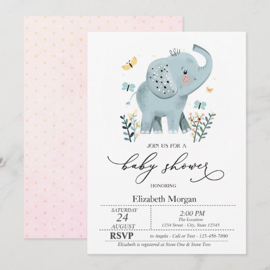 Blue Baby olifant vlinder Stippen Baby shower Kaart (Voorkant / Achterkant)