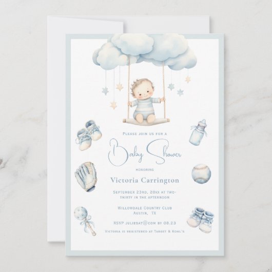 Blue Baby op Cloud Boy Baby shower Invitation Kaart (Voorkant)