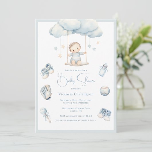 Blue Baby op Cloud Boy Baby shower Invitation Kaart (Staand voorkant)