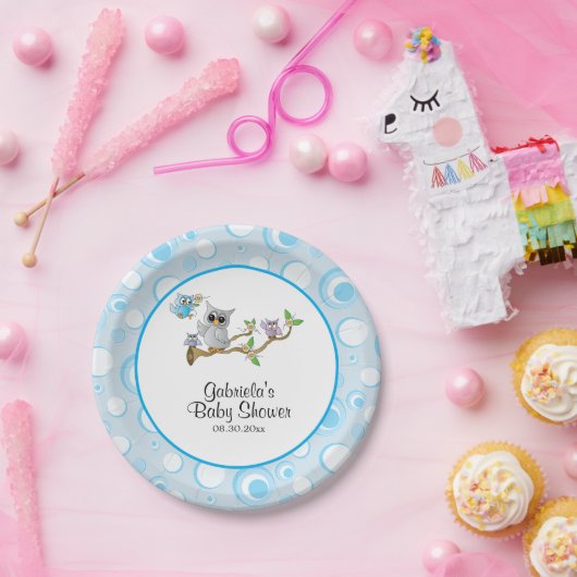 Blue Baby Owl Baby shower thema Papieren Bordje (Feest)