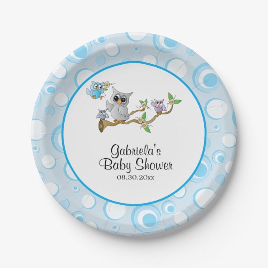 Blue Baby Owl Baby shower thema Papieren Bordje (Voorkant)