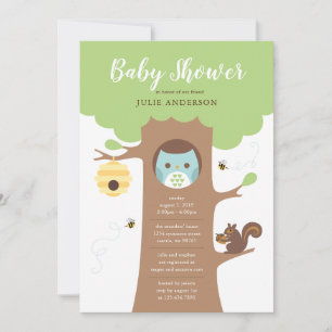 Blue Baby Owl in Tree Shower Invitation Kaart
