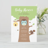 Blue Baby Owl in Tree Shower Invitation Kaart (Staand voorkant)