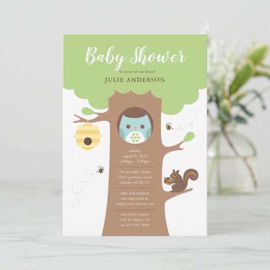 Blue Baby Owl in Tree Shower Invitation Kaart (Staand voorkant)