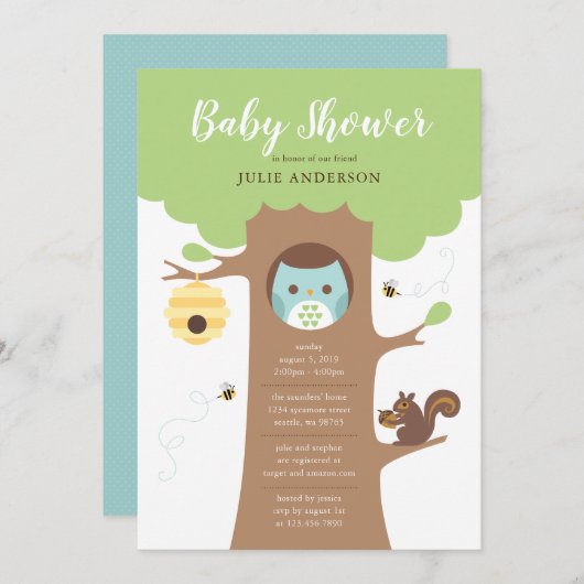 Blue Baby Owl in Tree Shower Invitation Kaart (Voorkant / Achterkant)