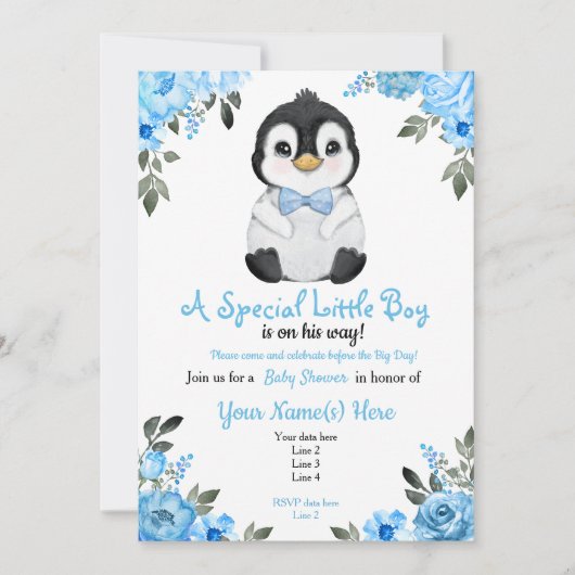 Blue Baby Penguin Shower-uitnodiging Kaart (Voorkant)