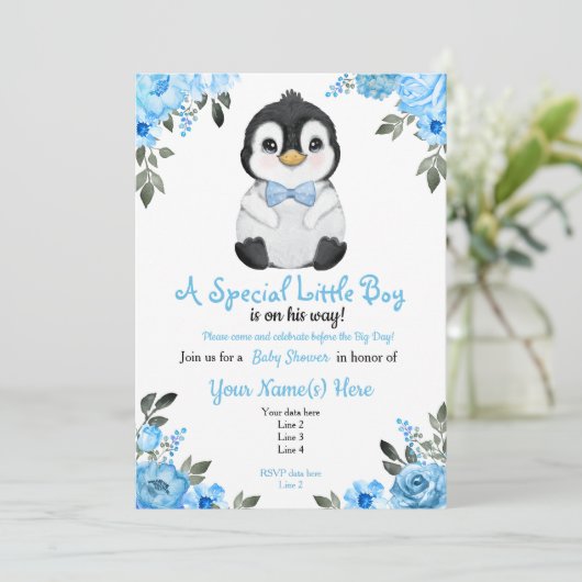 Blue Baby Penguin Shower-uitnodiging Kaart (Staand voorkant)