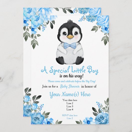 Blue Baby Penguin Shower-uitnodiging Kaart (Voorkant / Achterkant)