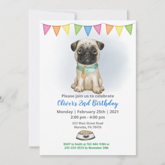 Blue Baby Pug Birthday Party Invitation Kaart (Voorkant)