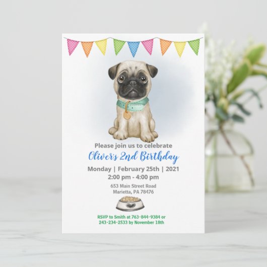 Blue Baby Pug Birthday Party Invitation Kaart (Staand voorkant)