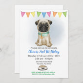Blue Baby Pug Birthday Party Invitation Kaart (Voorkant / Achterkant)