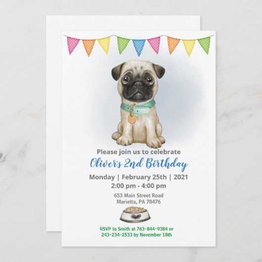 Blue Baby Pug Birthday Party Invitation Kaart (Voorkant / Achterkant)