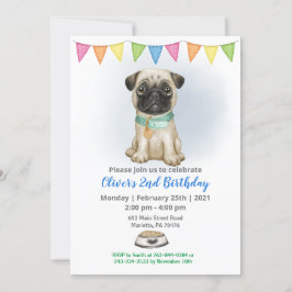 Blue Baby Pug Birthday Party Invitation Kaart