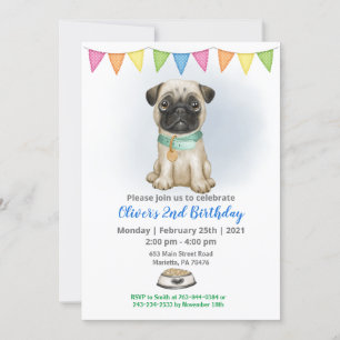 Blue Baby Pug Birthday Party Invitation Kaart