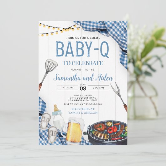 Blue Baby-Q Baby shower Invitation Kaart (Staand voorkant)