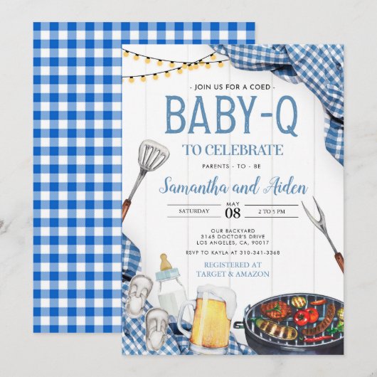 Blue Baby-Q Baby shower Invitation Kaart (Voorkant / Achterkant)