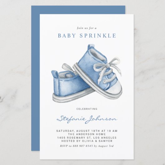 Blue Baby Shoes Boy Baby Sprinkle Invitation (Voorkant / Achterkant)