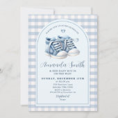 Blue Baby Shoes Boy Booties Plaid Arch Baby shower Kaart (Voorkant)