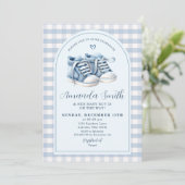 Blue Baby Shoes Boy Booties Plaid Arch Baby shower Kaart (Staand voorkant)