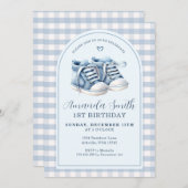 Blue Baby Shoes Boy Plaid Arch Eerste Verjaardag Kaart (Voorkant / Achterkant)