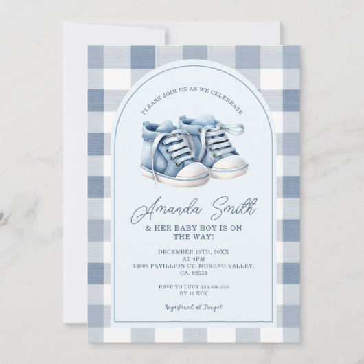 Blue Baby Shoes Gingham Boy Booties Baby shower Kaart (Voorkant)