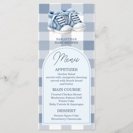 Blue Baby Shoes Gingham Boy Booties Baby Shower Menu (Voorkant)
