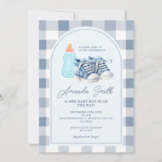 Blue Baby Shoes Gingham Boy Milk Bottles Kaart (Voorkant)