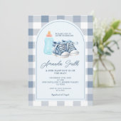 Blue Baby Shoes Gingham Boy Milk Bottles Kaart (Staand voorkant)