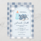 Blue Baby Shoes Gingham Boy Milk Bottles Kaart (Voorkant / Achterkant)