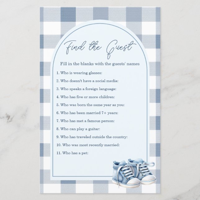 Blue Baby Shoes Gingham Find The Guest Game (Voorkant)