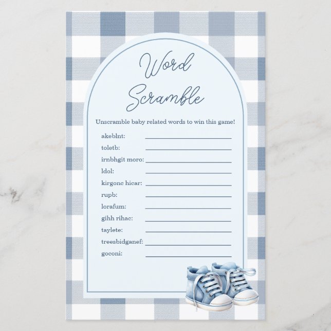 Blue Baby Shoes Gingham Word Scramble Game (Voorkant)