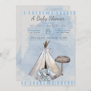 Blue Baby shower Boho Baby Elephant & Tipi Kaart