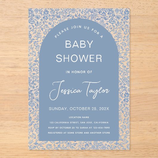 Blue Baby shower Boy Arch Floral Pattern & Script Acryl Uitnodigingen (Voorkant)