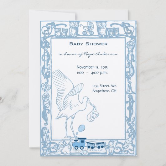 Blue Baby shower Boy Stork, Owl Choo Train Kaart (Voorkant)