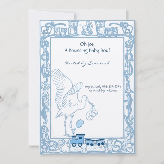 Blue Baby shower Boy Stork, Owl Choo Train Kaart (Achterkant)