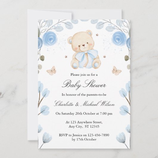 Blue Baby shower Boy Teddy Bear Uitnodiging (Voorkant)