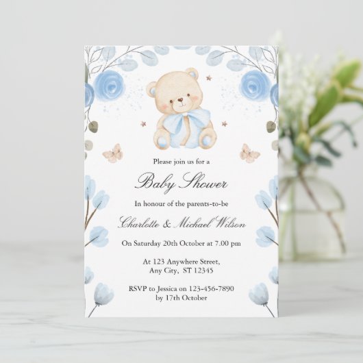 Blue Baby shower Boy Teddy Bear Uitnodiging (Staand voorkant)