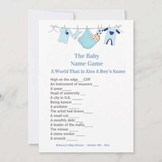 Blue Baby shower Guessing Game Invitation Kaart (Voorkant)