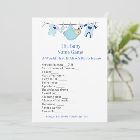 Blue Baby shower Guessing Game Invitation Kaart (Staand voorkant)