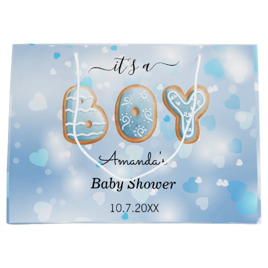 Blue Baby shower Hearts Pattern Gift Bag Groot Cadeauzakje (Voorkant)