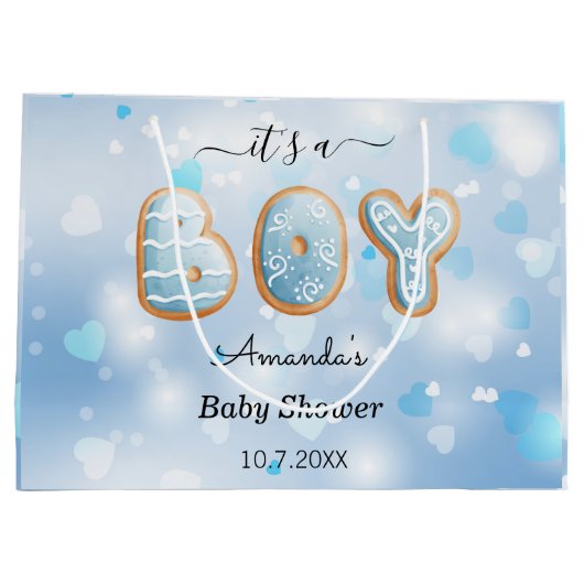 Blue Baby shower Hearts Pattern Gift Bag Groot Cadeauzakje (Achterkant)