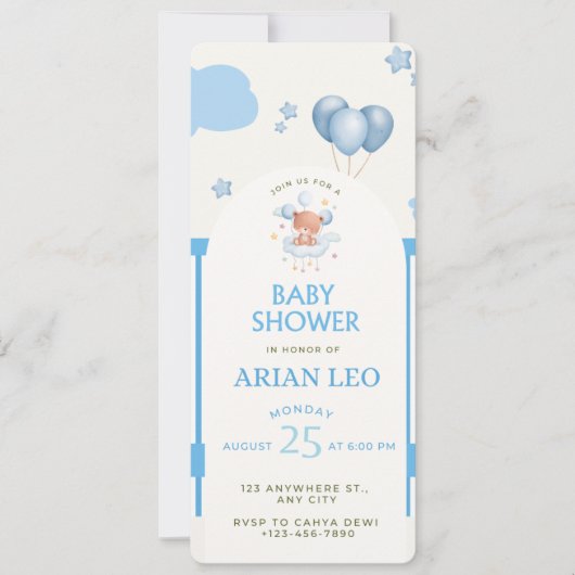 Blue Baby shower Invitation – bewerkbare Sjabloon Kaart (Voorkant)