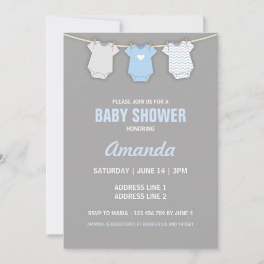 Blue Baby shower Invitation, Clothesline Theme Kaart (Voorkant)