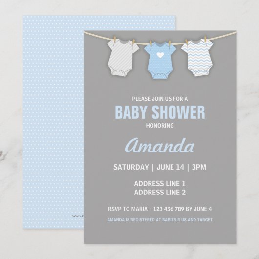 Blue Baby shower Invitation, Clothesline Theme Kaart (Voorkant / Achterkant)