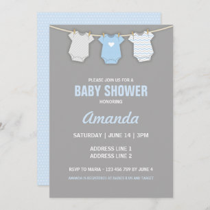 Blue Baby shower Invitation, Clothesline Theme Kaart