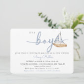 Blue Baby Shower Invitation with Sailboat & Stripe Kaart (Staand voorkant)